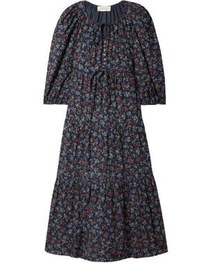 New, The Great The Bonnet Tiered Floral Corduroy Midi Dress in Navy Sz 0 #MD1712